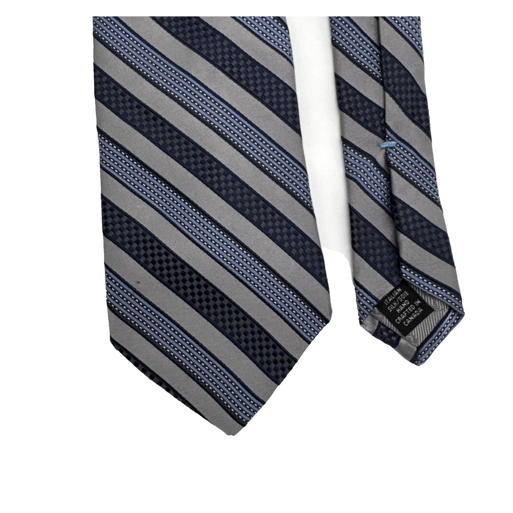 Dion Signature Tie in Brown/Blues/Grey Stripes 100% Italian Silk Made in Canada